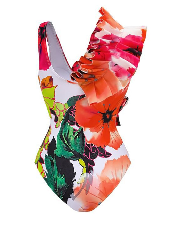 Ruffled Printed One Piece Swimsuit and Skirt