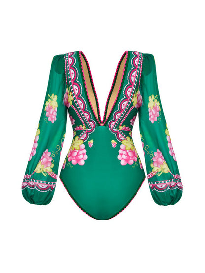 Ruffled Deep V Cutout Retro Green Grapes Print One Piece Swimsuit and Skirt