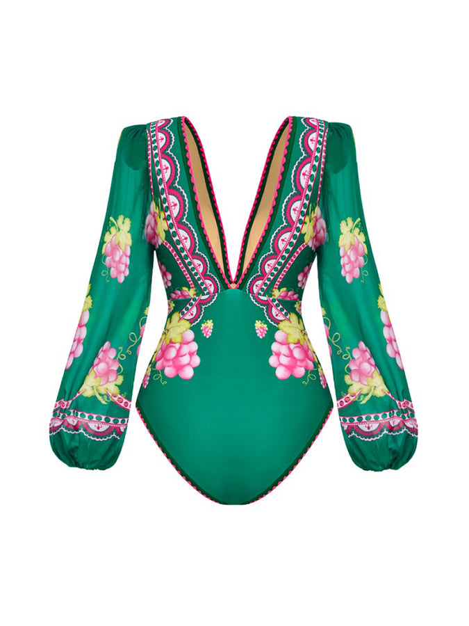 Ruffled Deep V Cutout Retro Green Grapes Print One Piece Swimsuit and Skirt