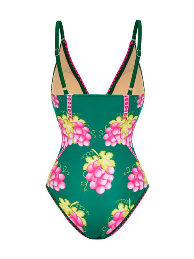 Ruffled Deep V Retro Green Grapes Print One Piece Swimsuit and Skirt
