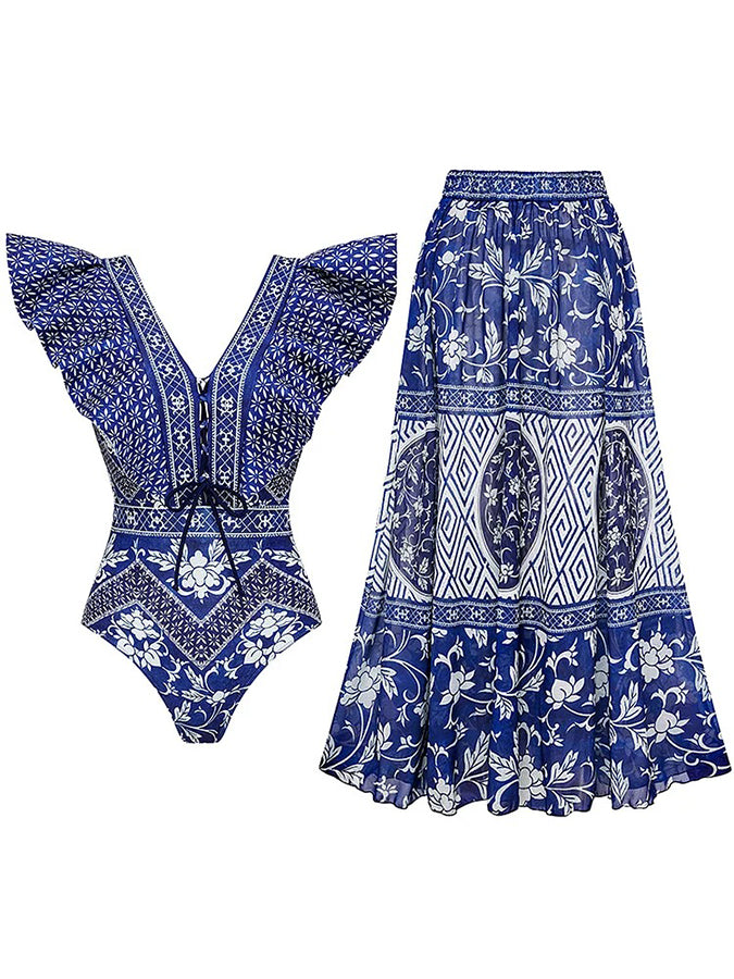 Asymmetrical Ruffle Printed One Piece Swimsuit and Skirt