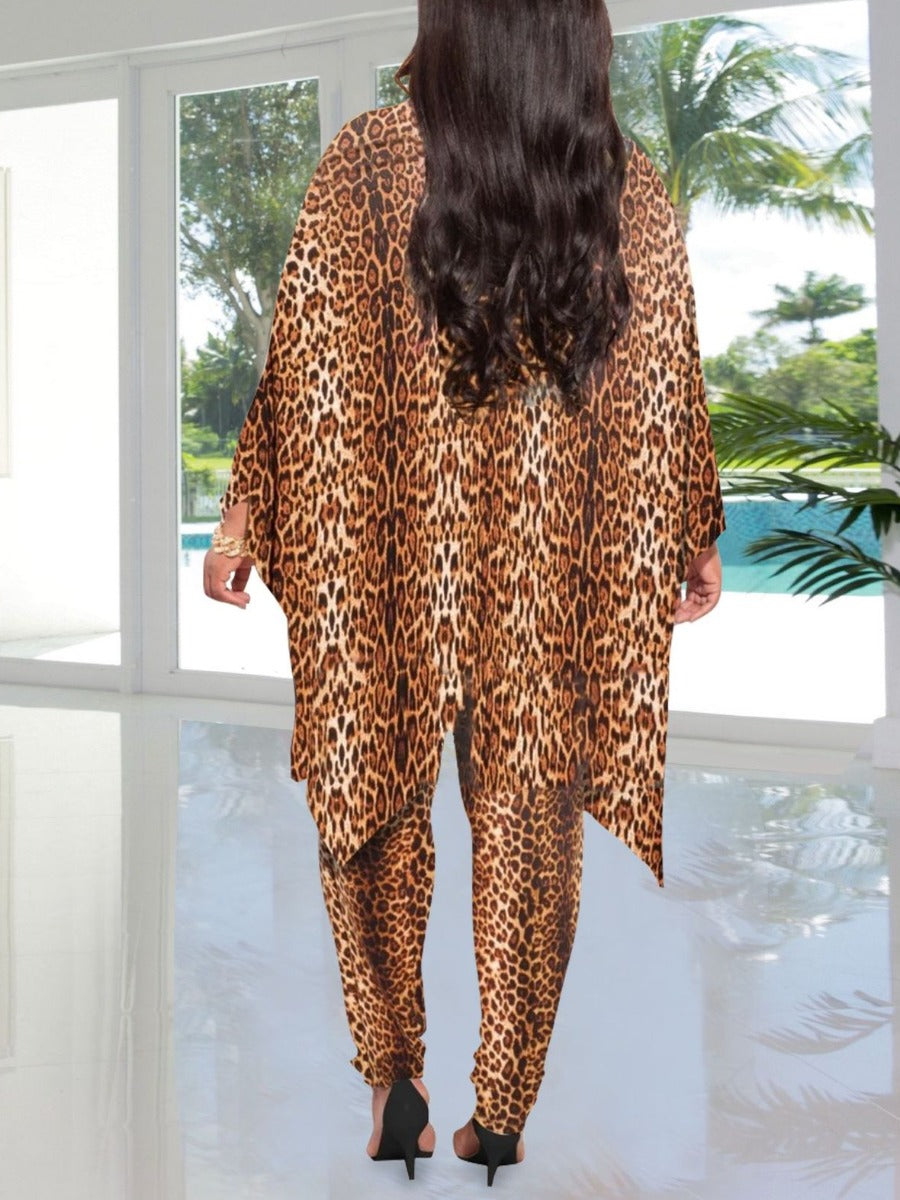 Batwing Sleeve Leopard Print Pants Set At8011