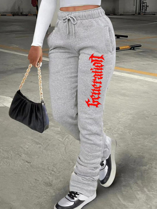 High Waist Letter Print Drawstring Sweatpants At9039