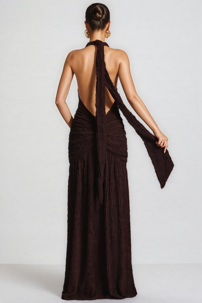 Betrys Brown High-slit Backless Maxi Dress