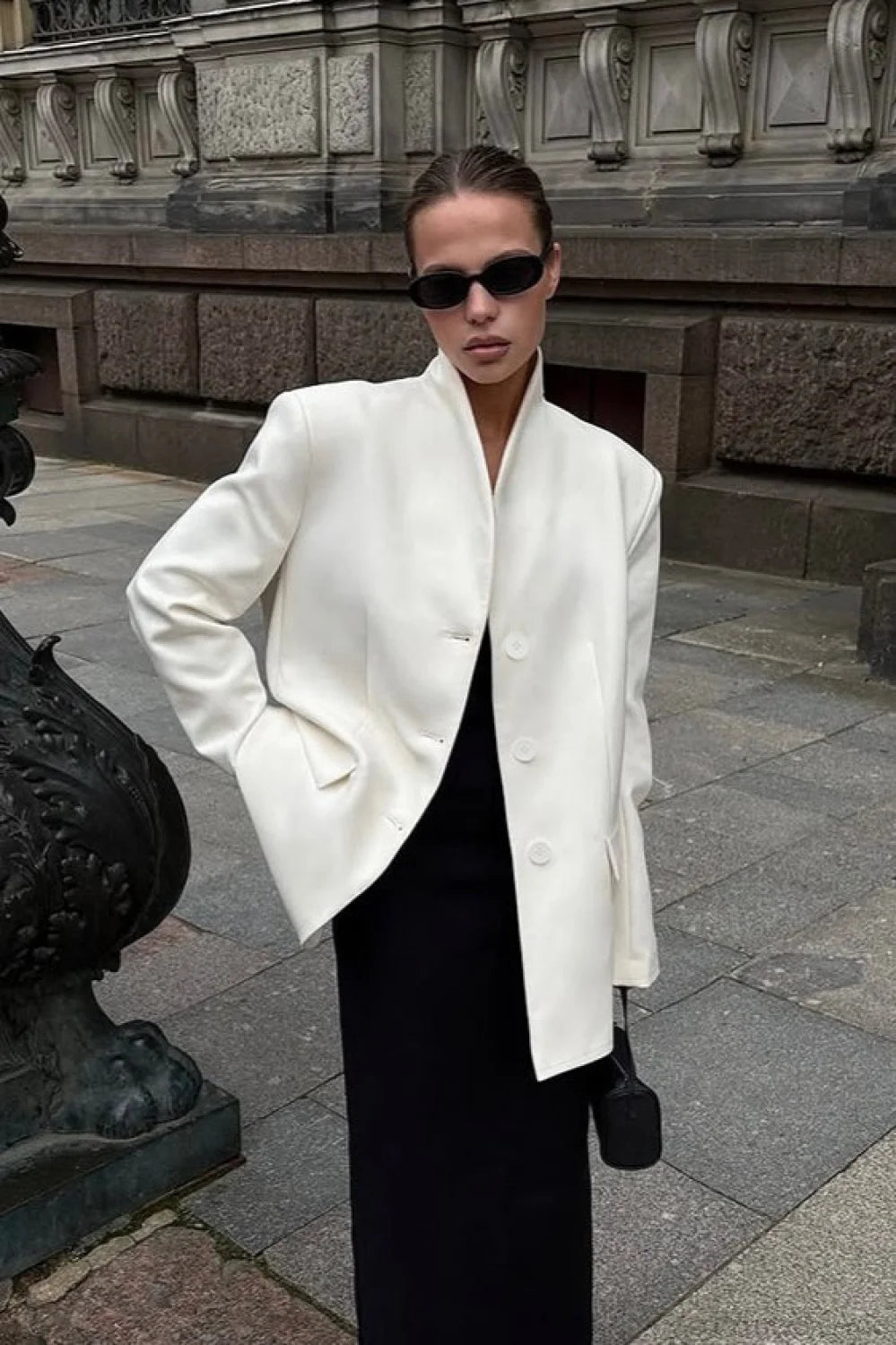 Minimalist White V-neck Relaxed Coat