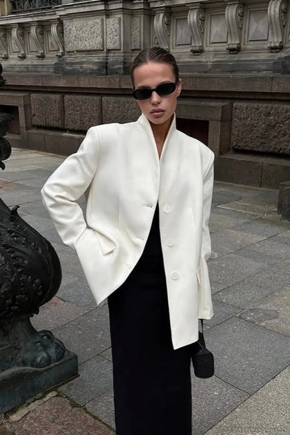 Minimalist White V-neck Relaxed Coat