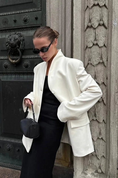 Minimalist White V-neck Relaxed Coat