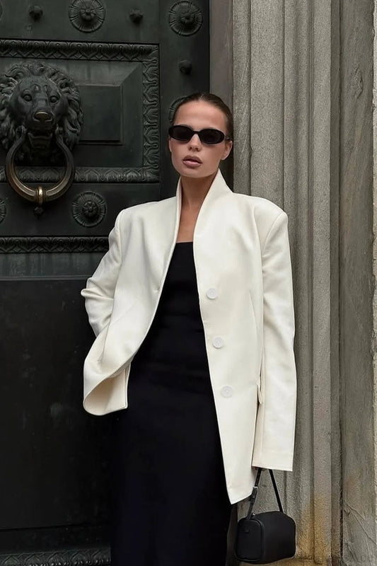 Minimalist White V-neck Relaxed Coat