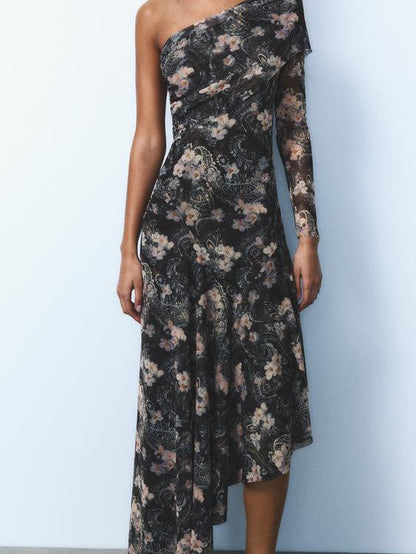 Print One Shoulder Asymmetric Midi Dress