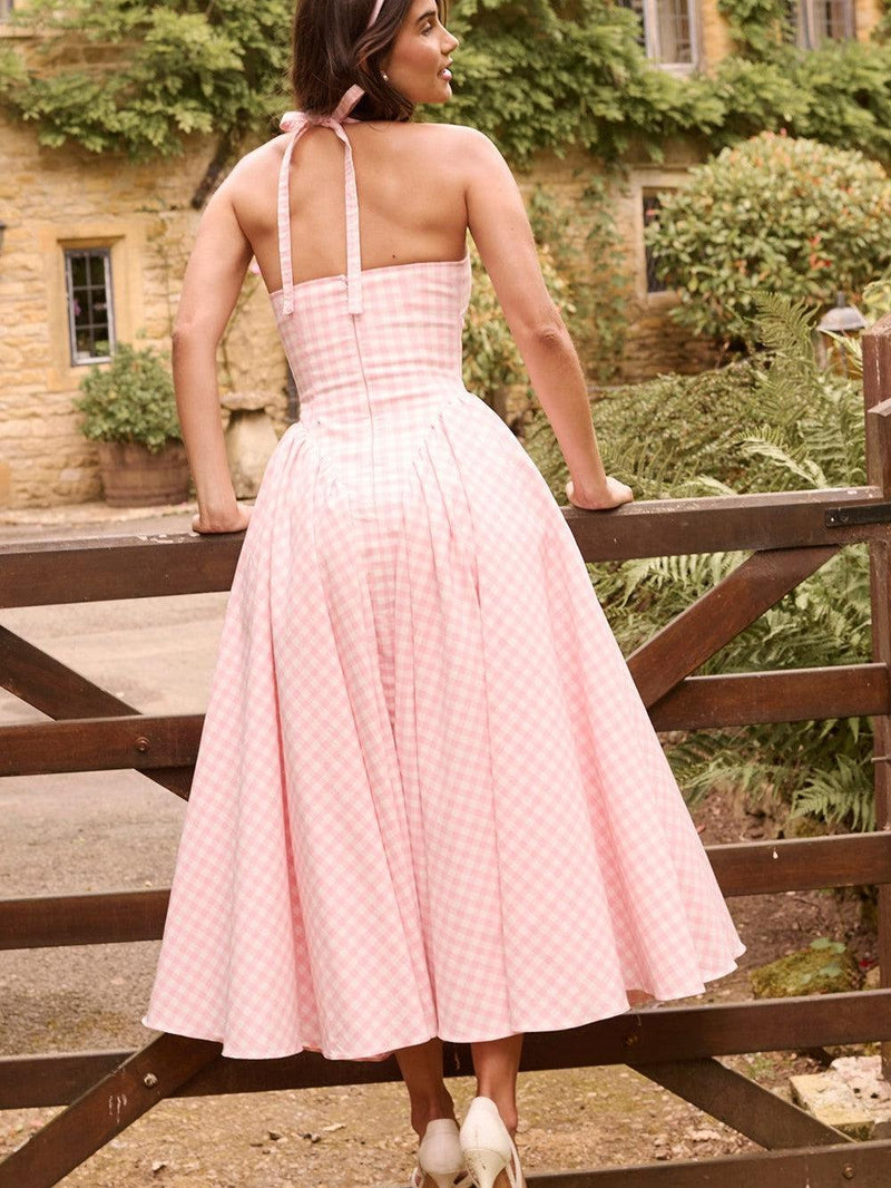 Gingham Print Tied Halterneck Midi Dress