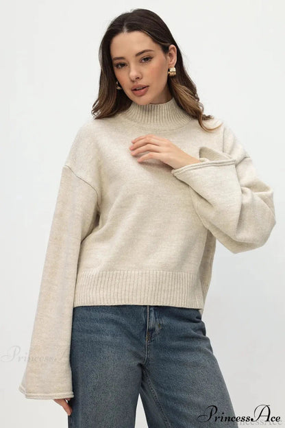 Mock Neck Bell-sleeve Loose Short Sweater