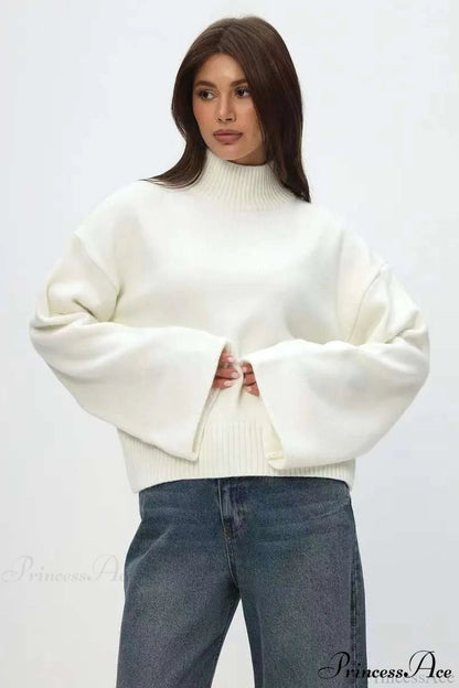 Mock Neck Bell-sleeve Loose Short Sweater