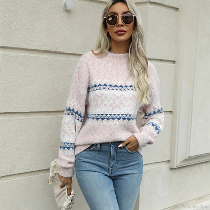 Mock Neck Long Sleeve Street Christmas Snowflake Jacquard Christmas Sweater
