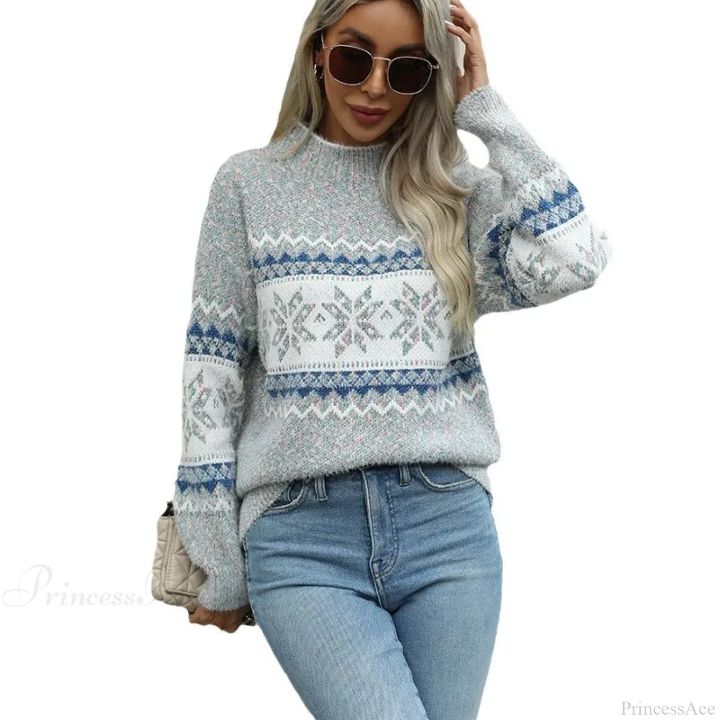 Mock Neck Long Sleeve Street Christmas Snowflake Jacquard Christmas Sweater