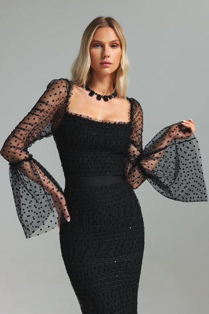 Monica Sequins Embellished Square Neck Mesh Midi Dress