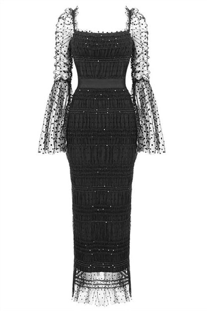 Monica Sequins Embellished Square Neck Mesh Midi Dress