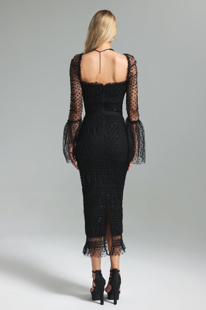 Monica Sequins Embellished Square Neck Mesh Midi Dress