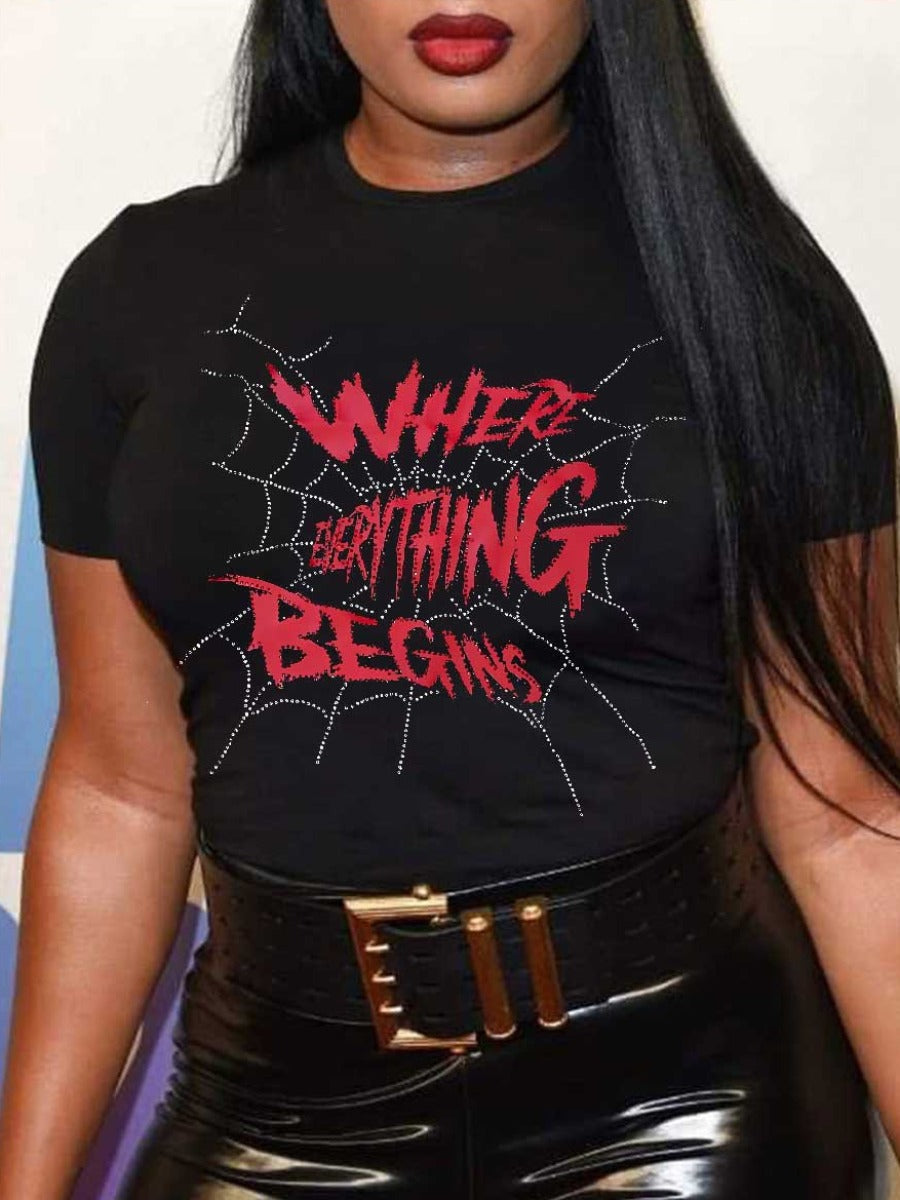 Spider Web Letter Print T-shirt Ar7039