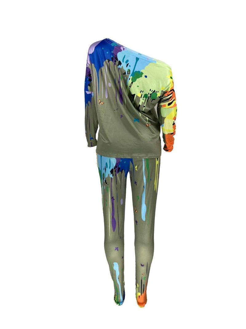 Inclined Neck Splash Ink Pants Set At908