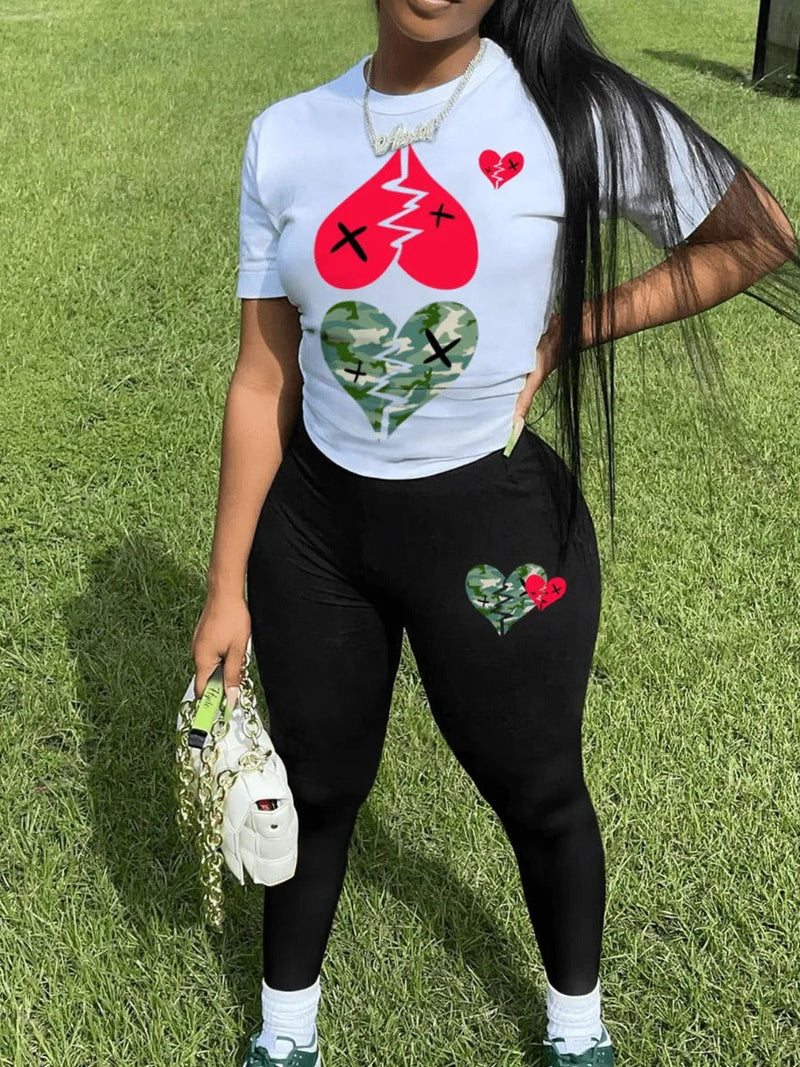 Broken Heart Print Stretchy Pants Set Ar5050