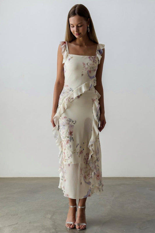 Naomi Ruffle Trimmed Cami Slit Midi Dress