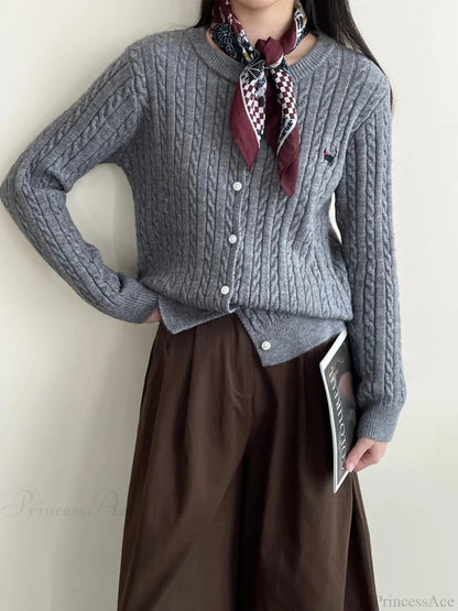 Navy Blue Cable Knit Cartoon Embroidered Cardigan Christmas Sweater