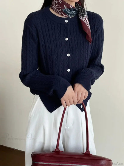 Navy Blue Cable Knit Cartoon Embroidered Cardigan Christmas Sweater
