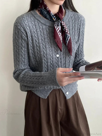 Navy Blue Cable Knit Cartoon Embroidered Cardigan Christmas Sweater