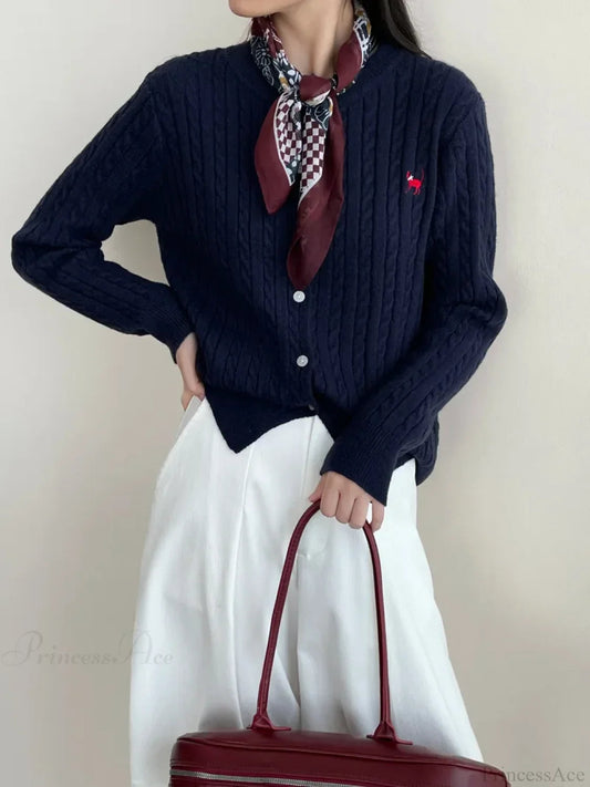Navy Blue Cable Knit Cartoon Embroidered Cardigan Christmas Sweater