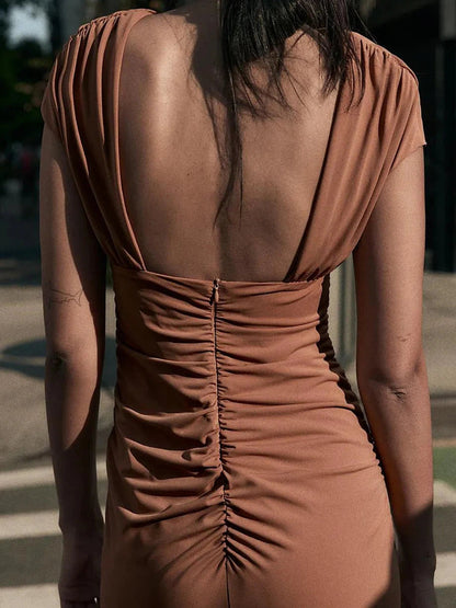 Boat Neck Backless Ruched Cutout Slit Maxi Dress