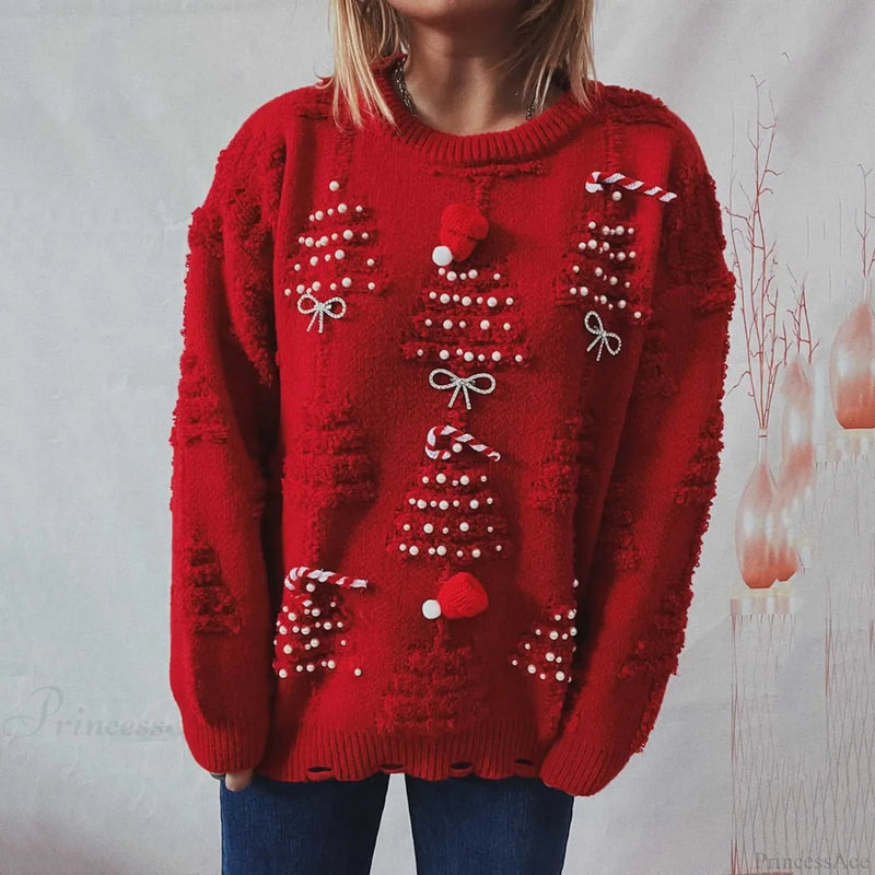 New O-neck Lantern Sleeve Loose Knitted Christmas Christmas Sweater