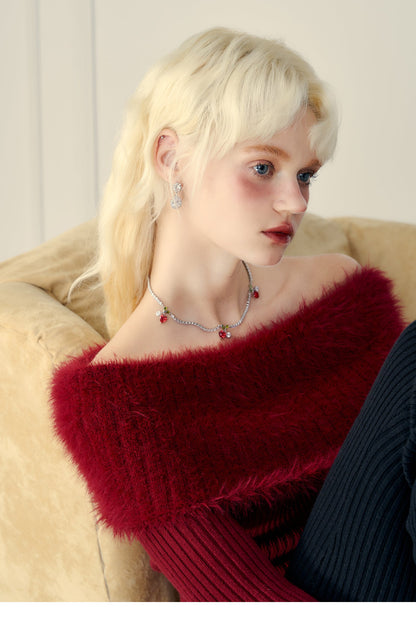 Thick Off-shoulder Mink Cashmere Knit Sweater