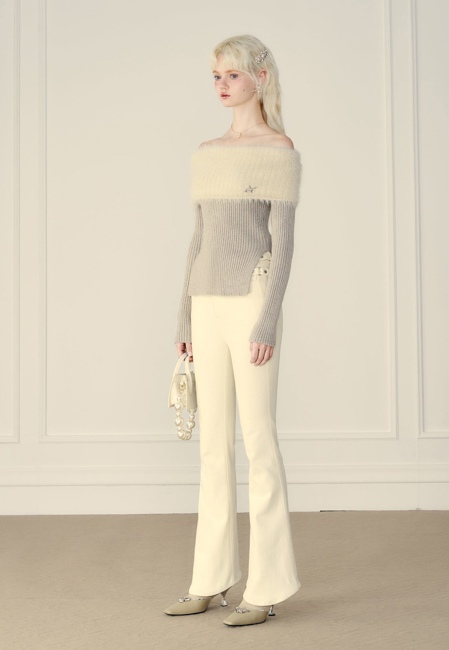 Thick Off-shoulder Mink Cashmere Knit Sweater