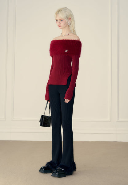 Thick Off-shoulder Mink Cashmere Knit Sweater