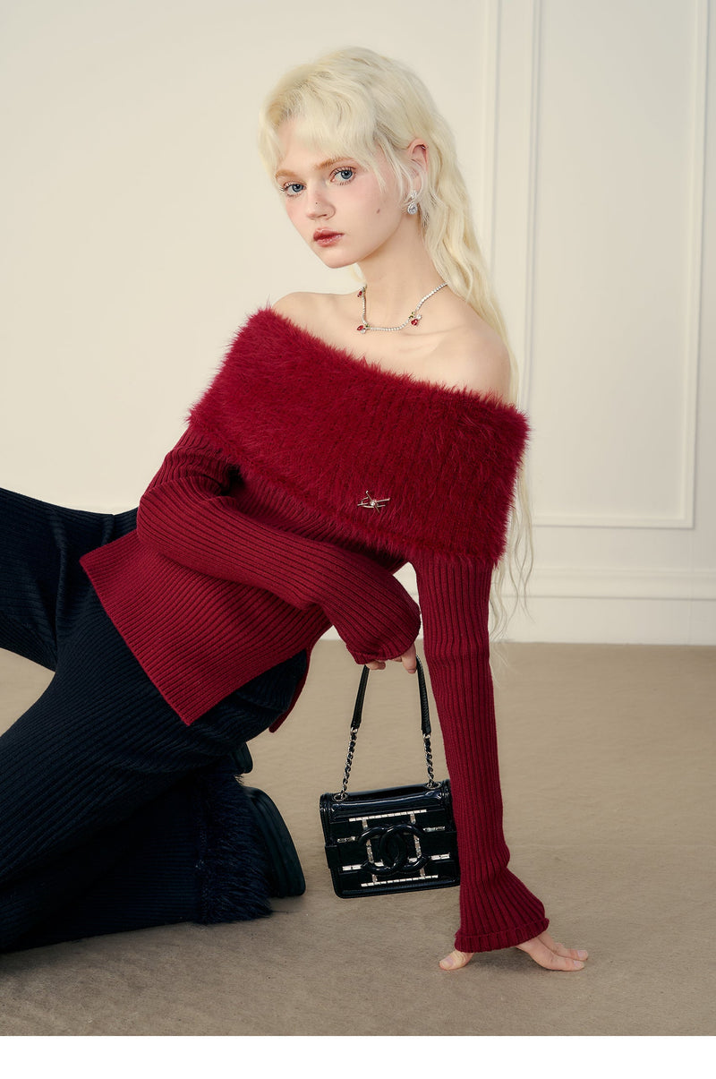 Thick Off-shoulder Mink Cashmere Knit Sweater