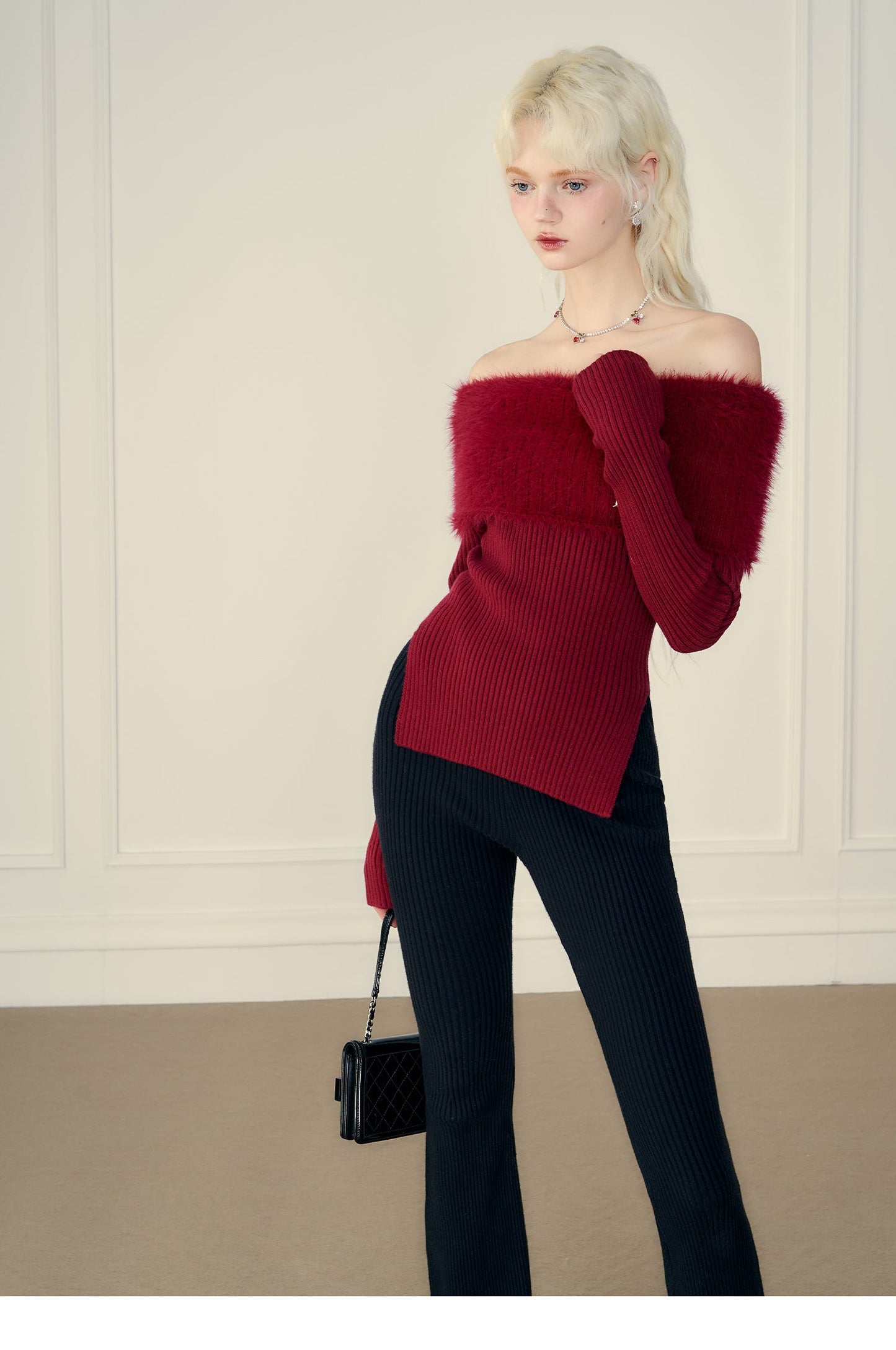 Thick Off-shoulder Mink Cashmere Knit Sweater