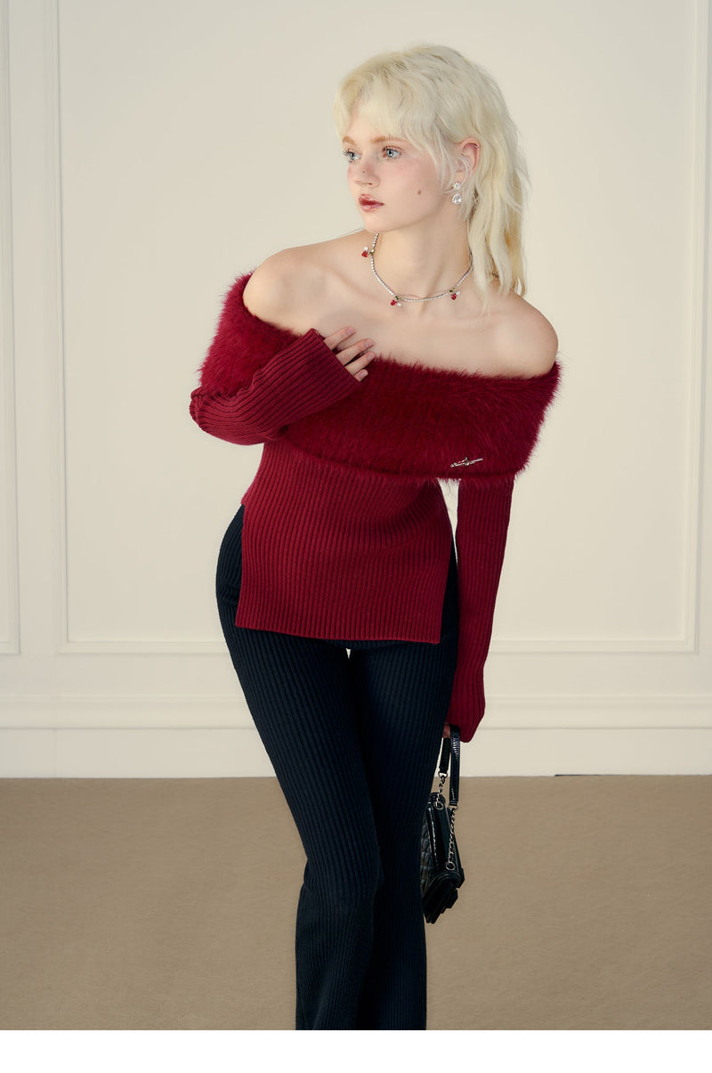 Thick Off-shoulder Mink Cashmere Knit Sweater