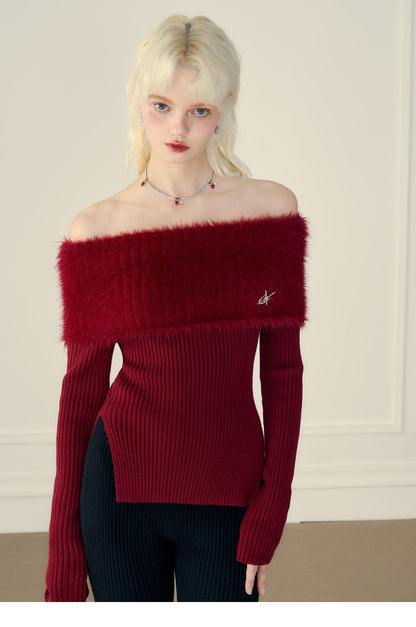 Thick Off-shoulder Mink Cashmere Knit Sweater