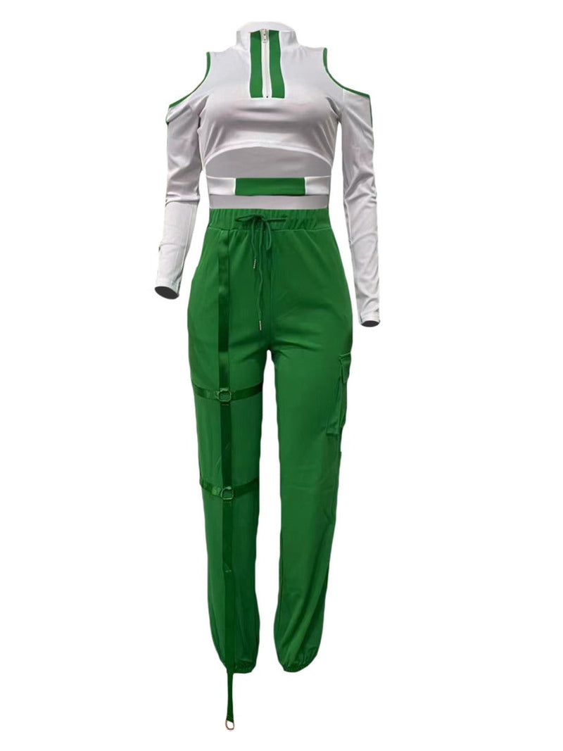 Cut Out Drawstring Side Pocket Pants Set Bo5054