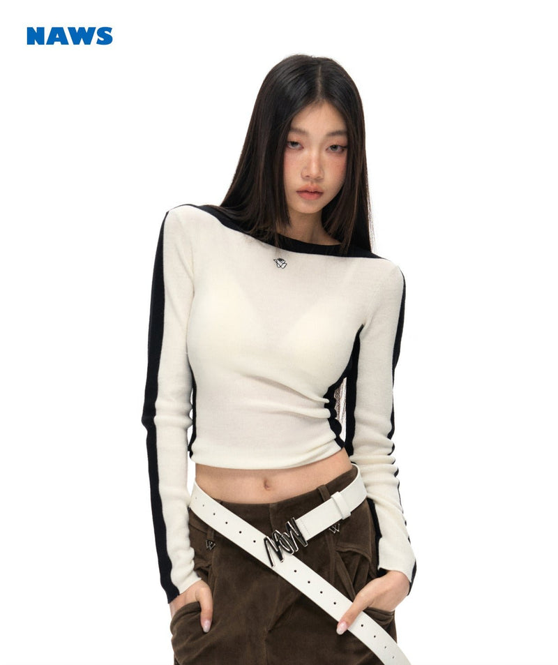 Striped Shoulder Fitted Crop Sweater