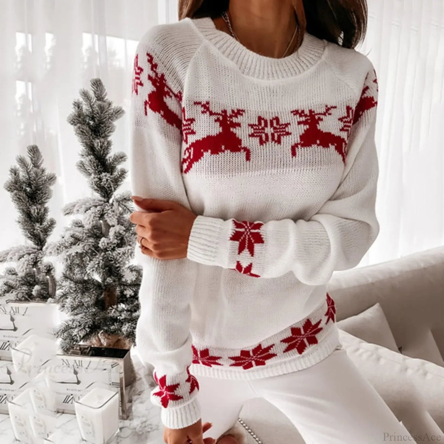 O Neck Elk Snowflake Autumn Winter Pullover Christmas Sweater