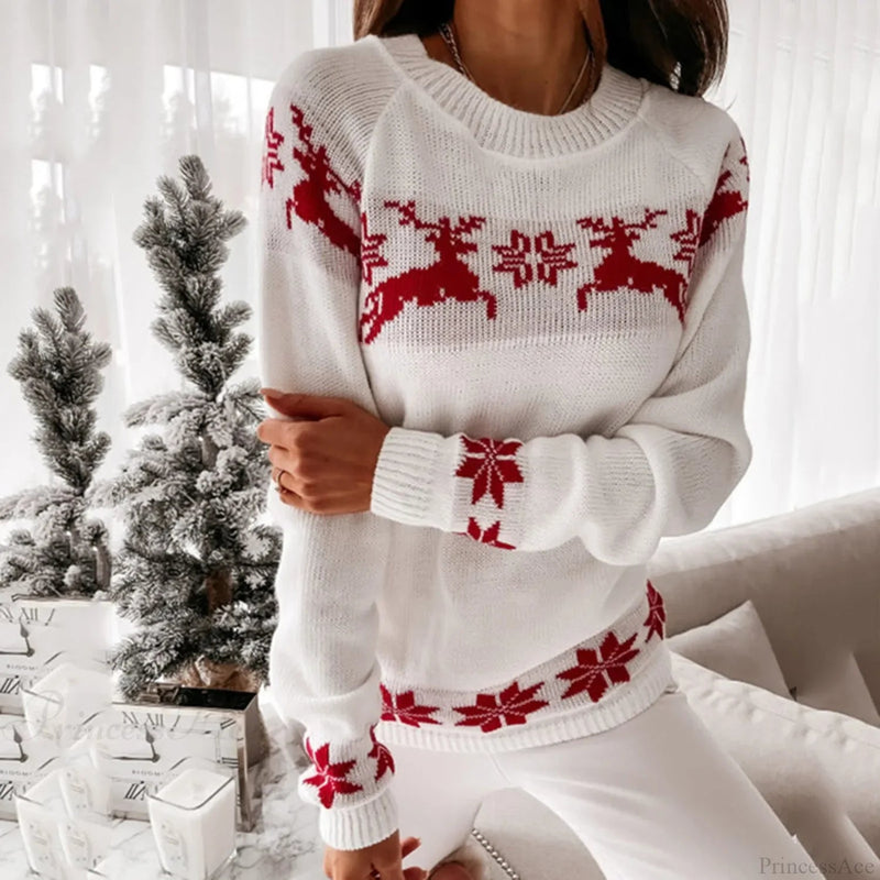 O Neck Elk Snowflake Autumn Winter Pullover Christmas Sweater