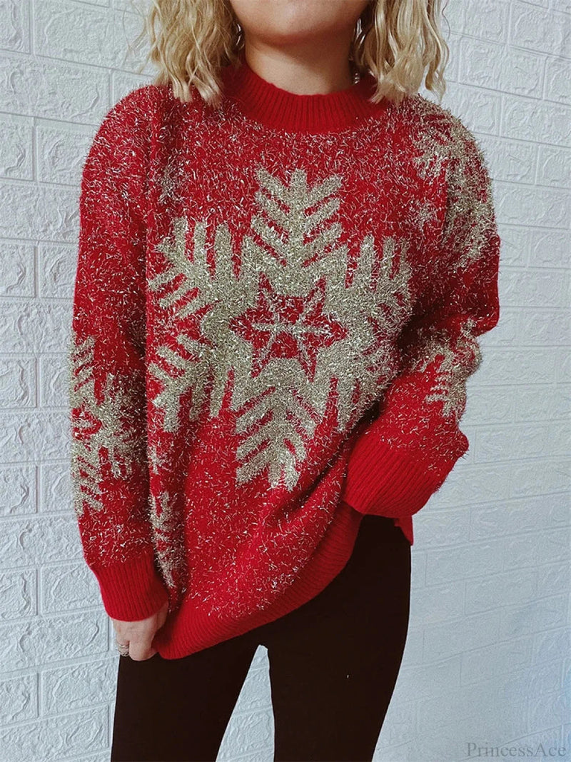 O-neck Shiny Loose Autumn Winter Female Long Sleeve Christmas Sweater