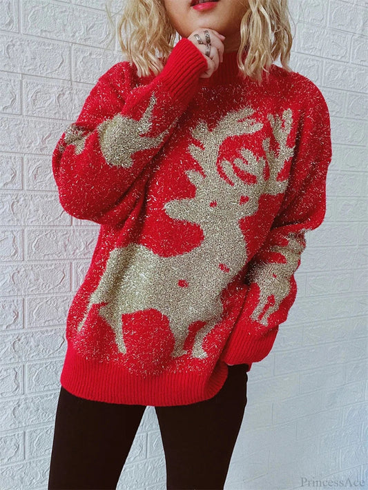O-neck Shiny Loose Autumn Winter Female Long Sleeve Christmas Sweater