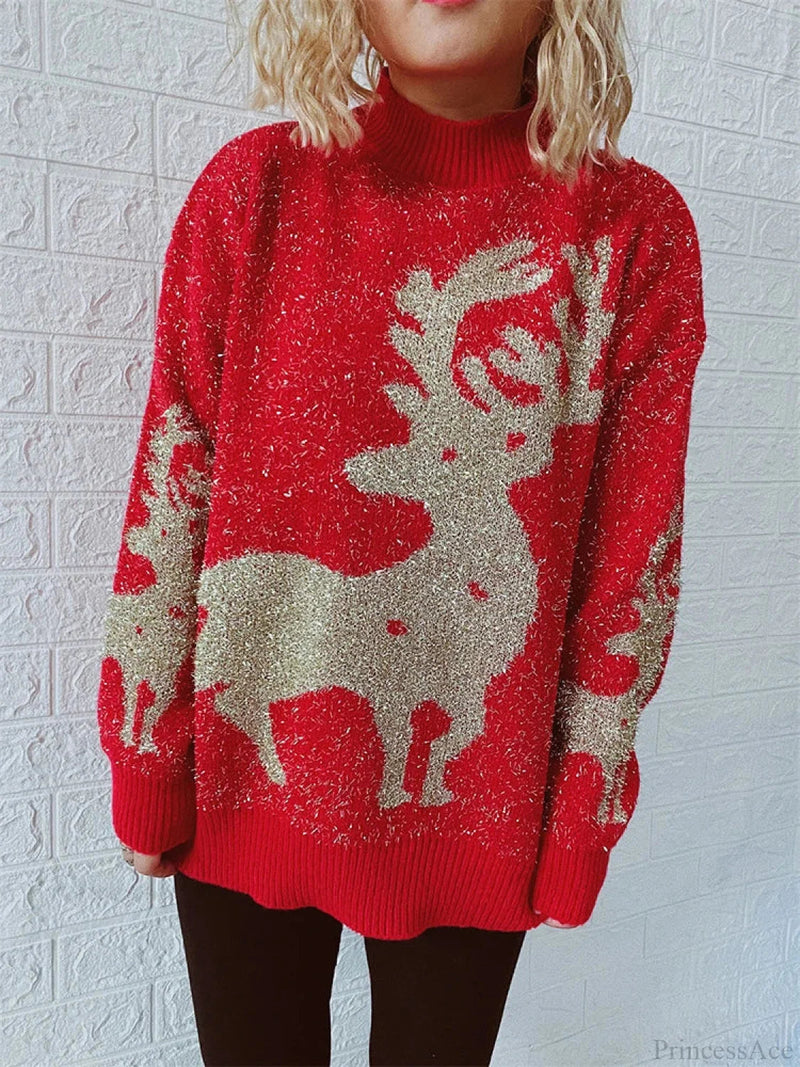 O-neck Shiny Loose Autumn Winter Female Long Sleeve Christmas Sweater