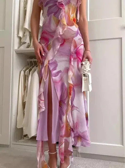 Print Ruffle Frill Maxi Dress