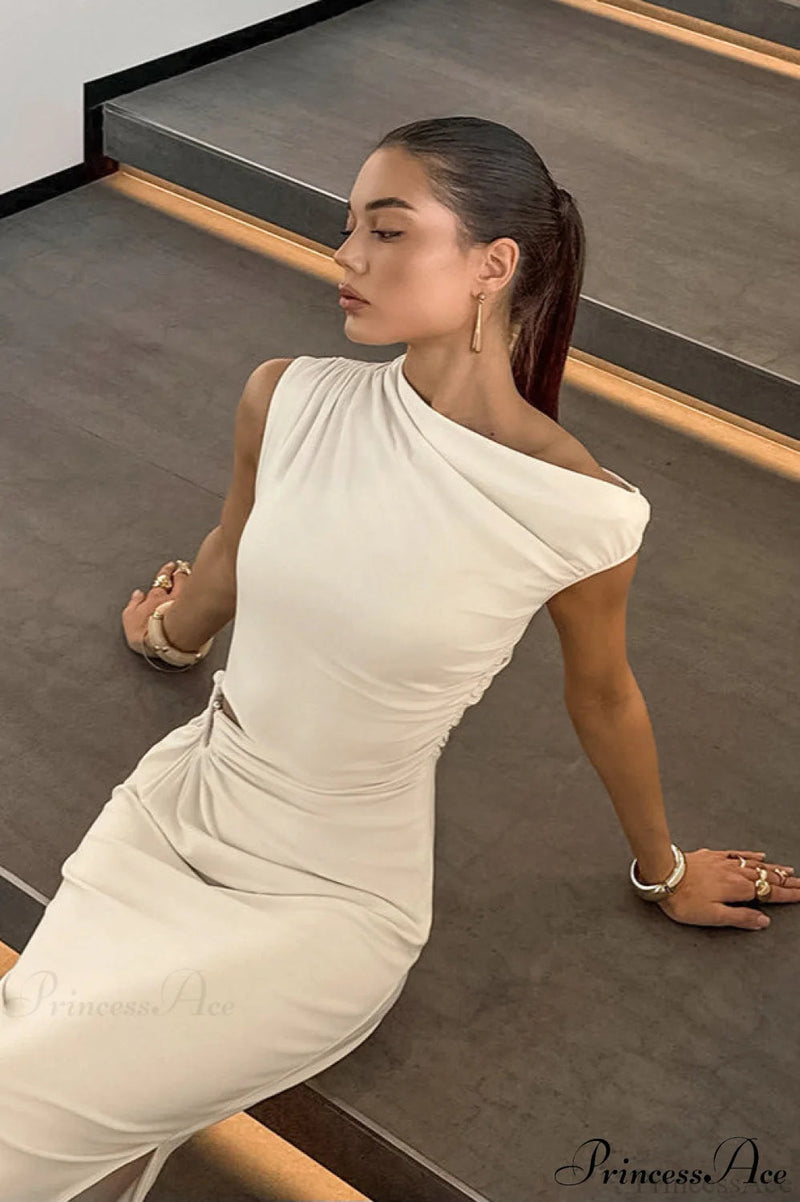 Off Shoulder Beige Ruched Bodycon Maxi Dress