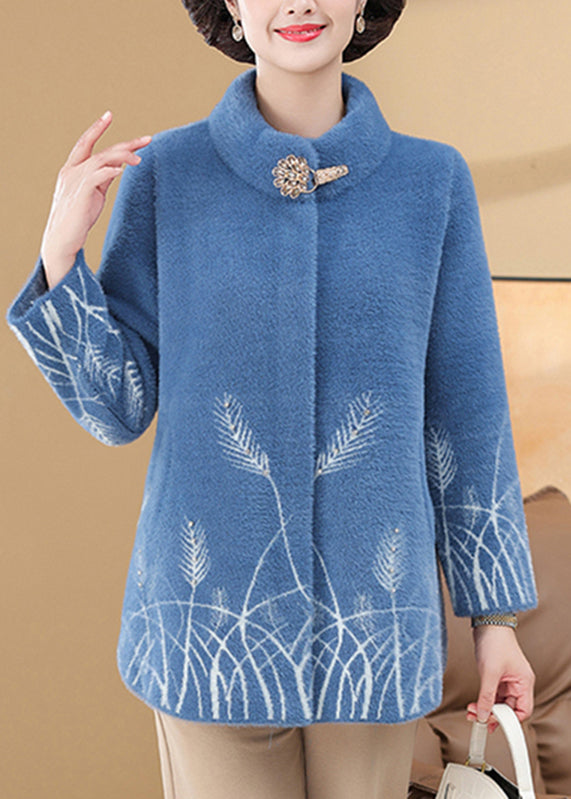 Omen Blue Print Pockets Mink Velvet Coats Spring Ta035