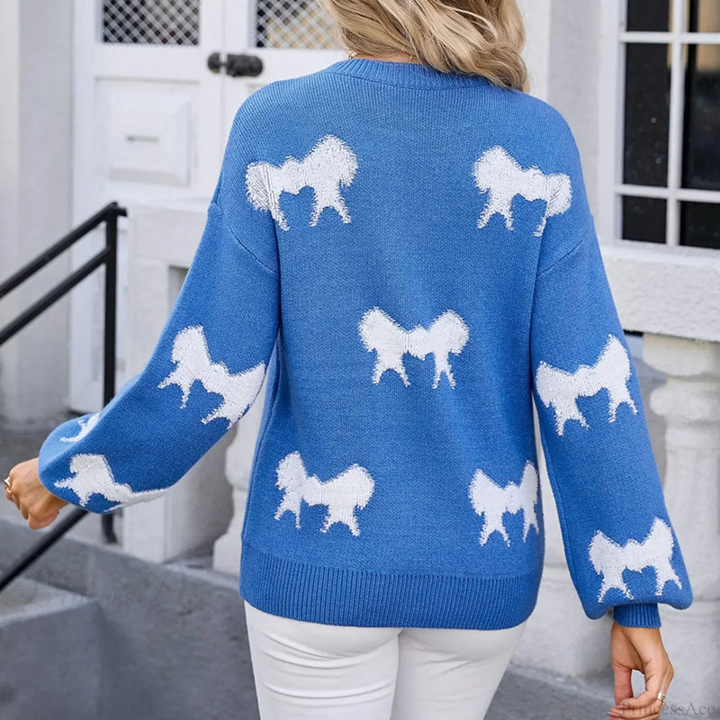 Oversize Bow Basic Print O-neck White Thick Knitted Christmas Sweater