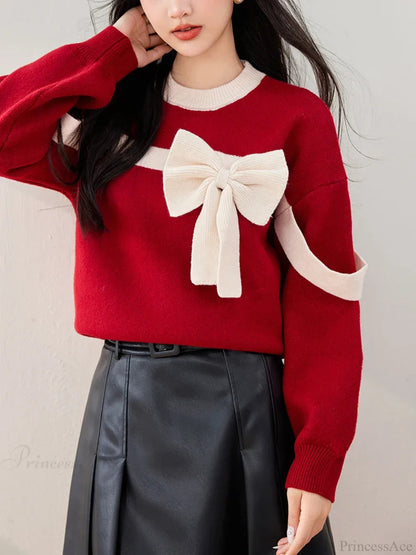 Oversized Red Bow Winter Patchwork Soft Long Sleeve Christmas Sweater